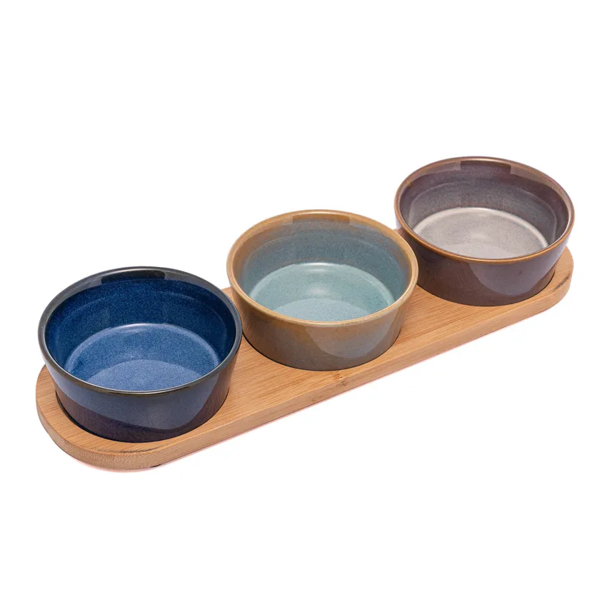 Conjunto 3 Petisqueiras Cerâmica com Bandeja Bambu 32cm