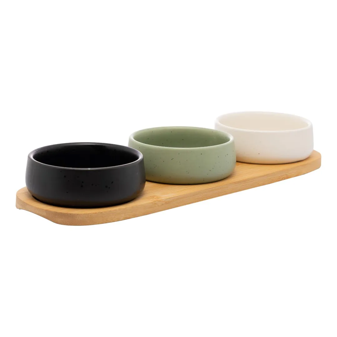 Conjunto 3 Petisqueiras com Bandeja Bambu 32x10cm